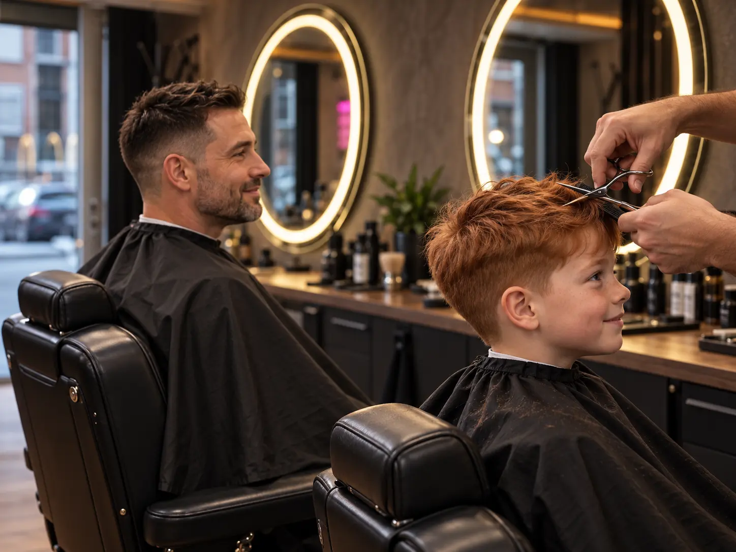 Apa és fia egymás melletti barber székekben hajvágás közben