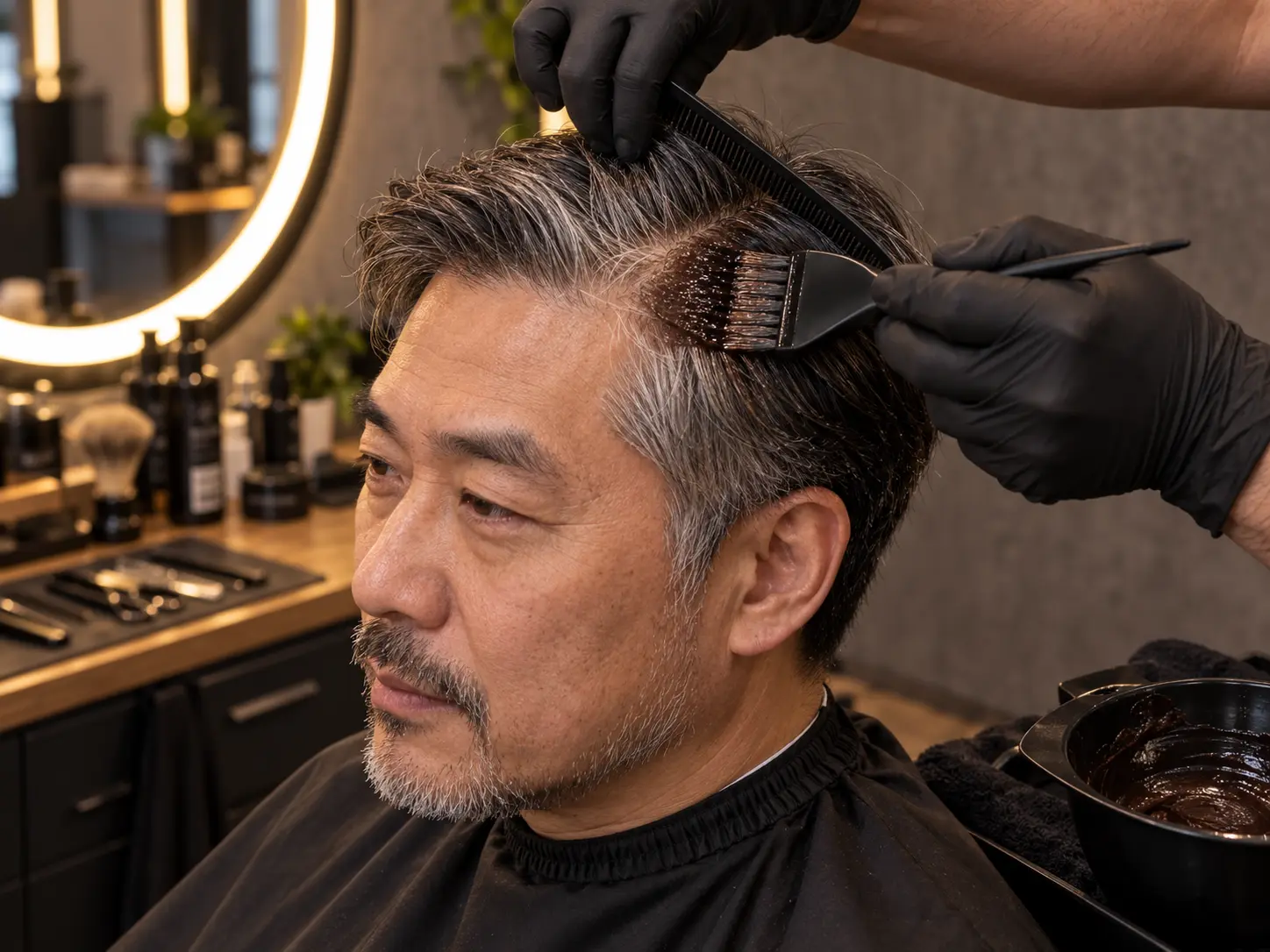 Őszhajfedés festése ecsettel a barbershopban